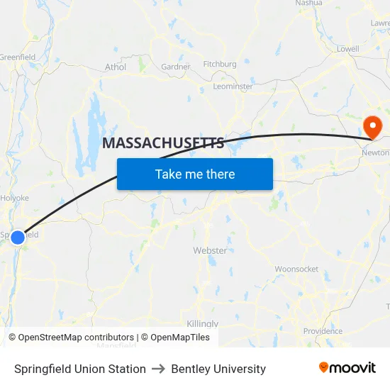 Springfield Union Station to Bentley University map