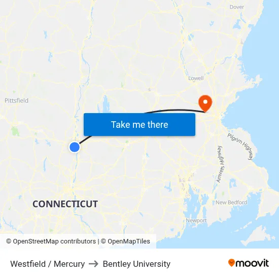 Westfield / Mercury to Bentley University map