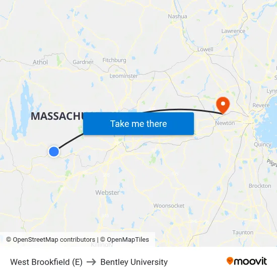 West Brookfield (E) to Bentley University map