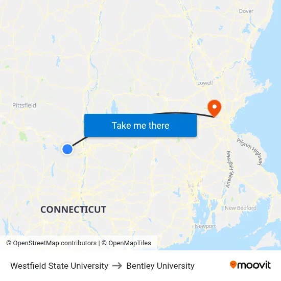 Westfield State University to Bentley University map