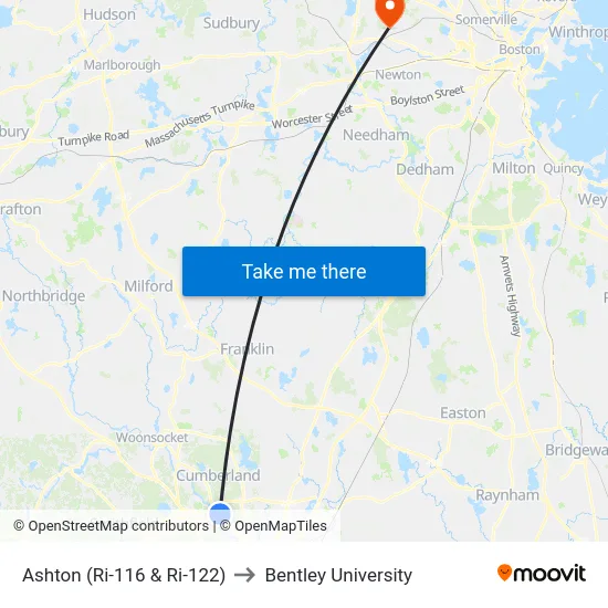 Ashton (Ri-116 & Ri-122) to Bentley University map