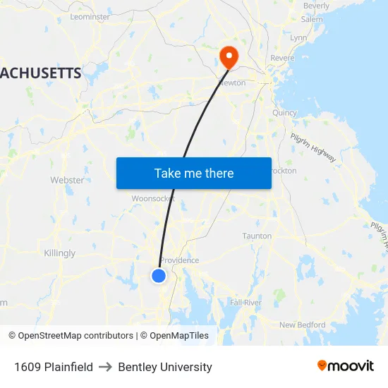 1609 Plainfield to Bentley University map