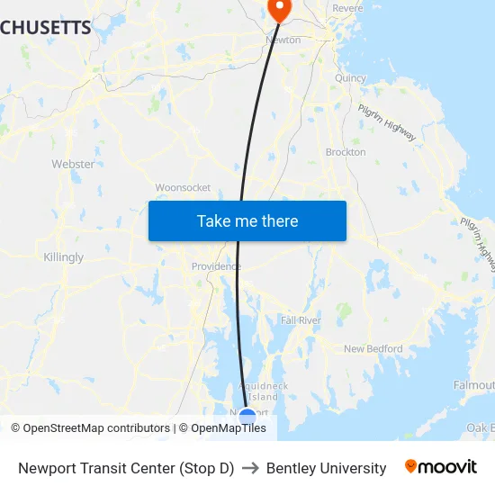 Newport Transit Center (Stop D) to Bentley University map