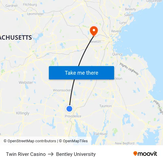 Twin River Casino to Bentley University map