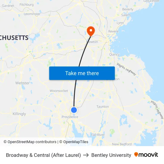 Broadway & Central (After Laurel) to Bentley University map