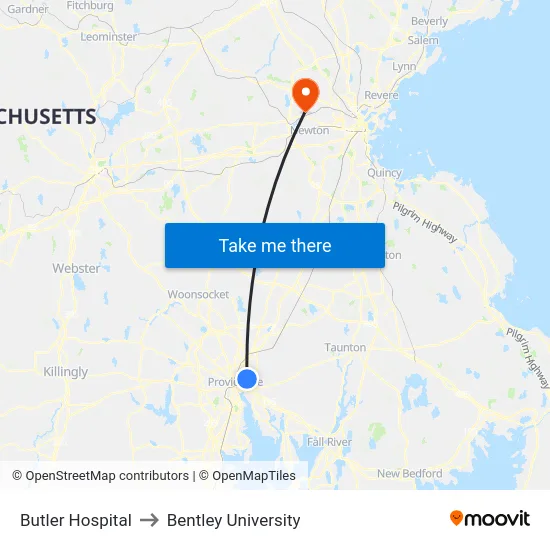 Butler Hospital to Bentley University map