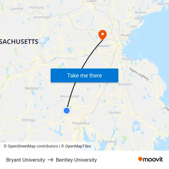 Bryant University to Bentley University map