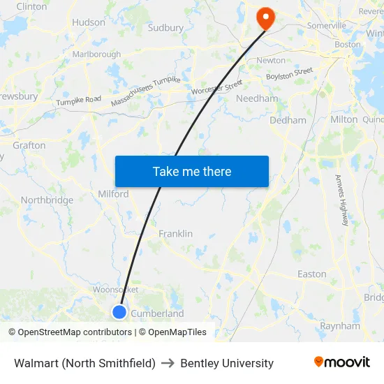 Walmart (North Smithfield) to Bentley University map