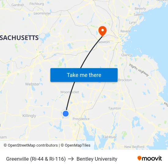 Greenville (Ri-44 & Ri-116) to Bentley University map