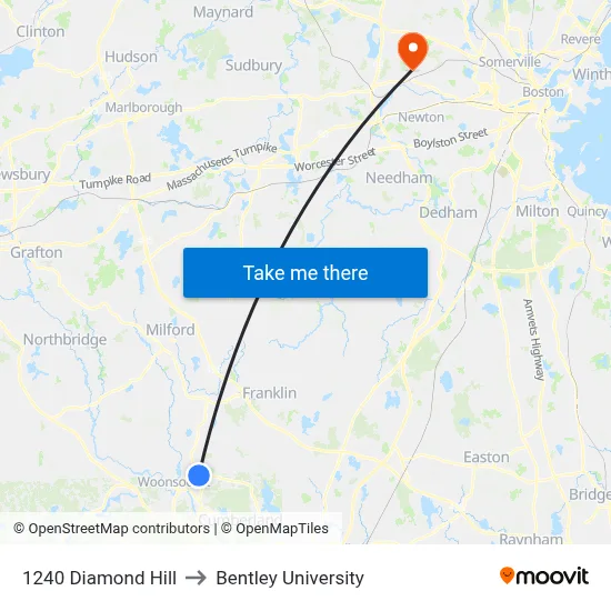 1240 Diamond Hill to Bentley University map