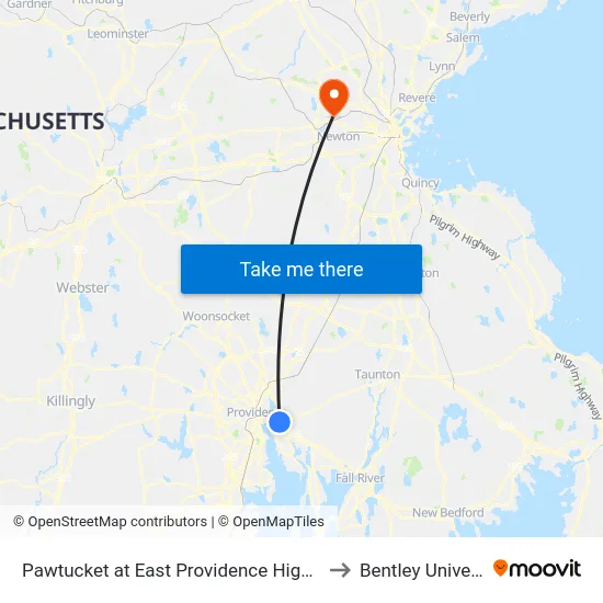 Pawtucket at East Providence High School to Bentley University map