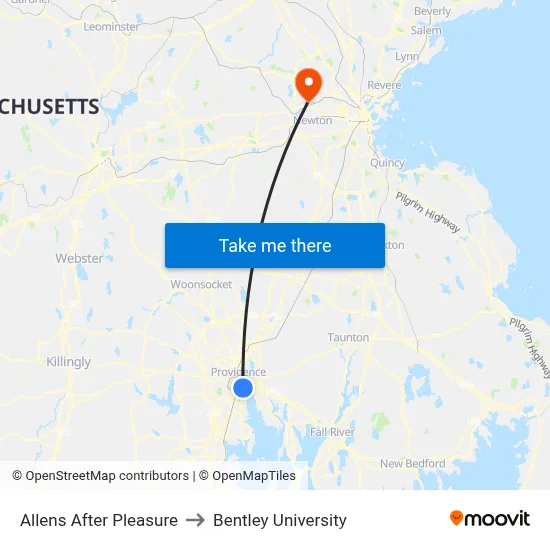 Allens After Pleasure to Bentley University map