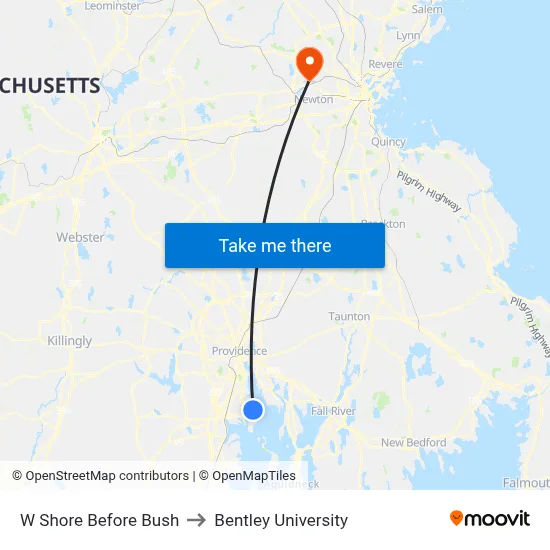 W Shore Before Bush to Bentley University map