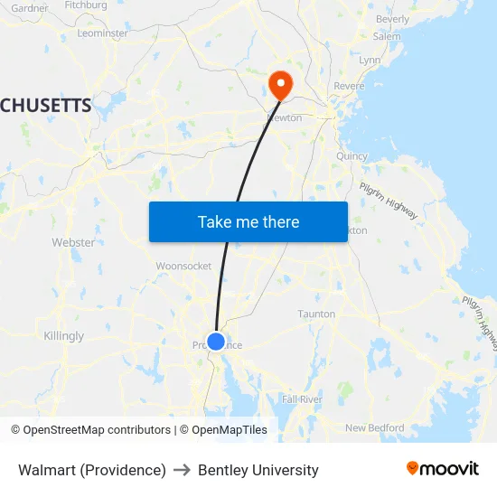 Walmart (Providence) to Bentley University map