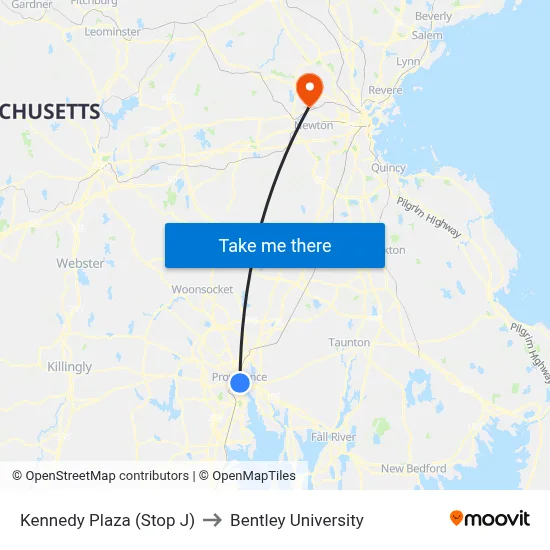 Kennedy Plaza (Stop J) to Bentley University map