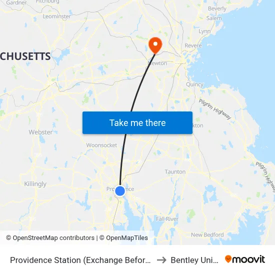 Providence Station (Exchange Before Park Row W) to Bentley University map
