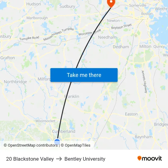 20 Blackstone Valley to Bentley University map