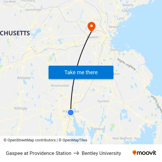 Gaspee at Providence Station to Bentley University map