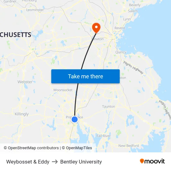 Weybosset & Eddy to Bentley University map