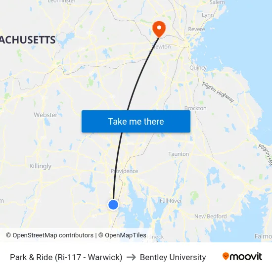 Park & Ride (Ri-117 - Warwick) to Bentley University map