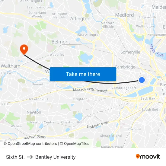 Sixth St. to Bentley University map