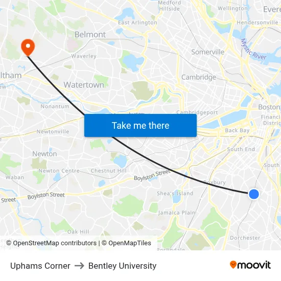 Uphams Corner to Bentley University map