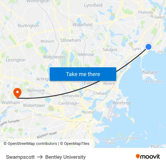 Swampscott to Bentley University map
