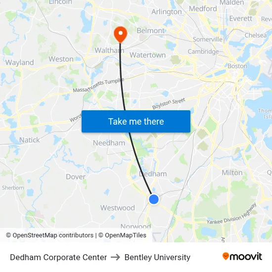 Dedham Corporate Center to Bentley University map
