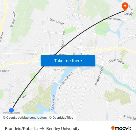 Brandeis/Roberts to Bentley University map