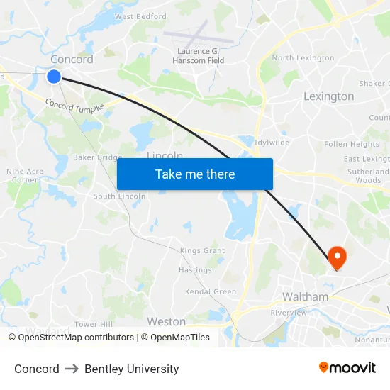 Concord to Bentley University map