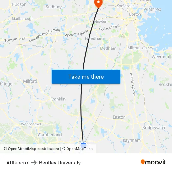 Attleboro to Bentley University map