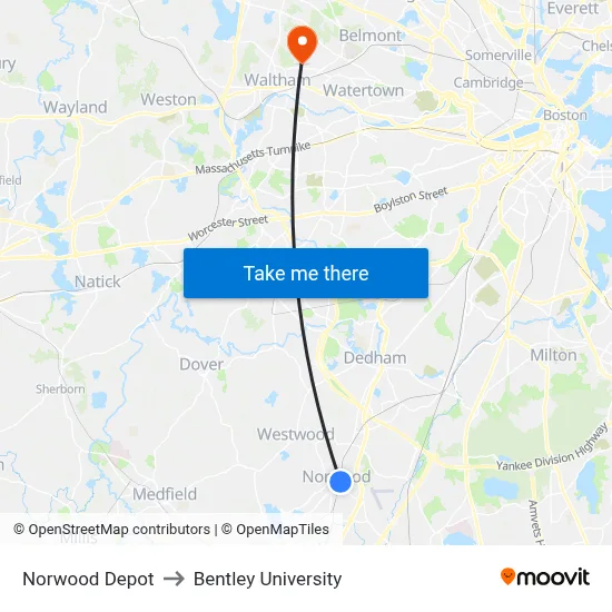 Norwood Depot to Bentley University map