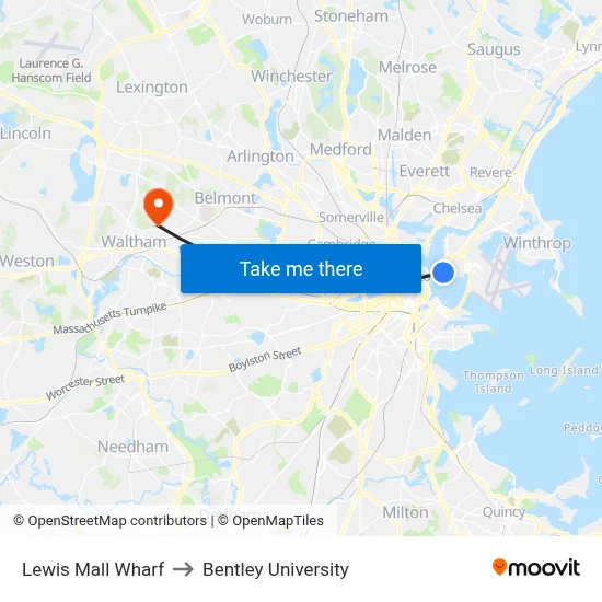 Lewis Mall Wharf to Bentley University map