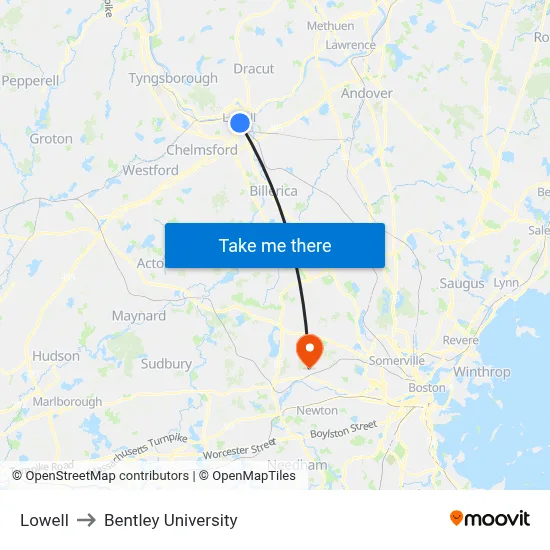 Lowell to Bentley University map