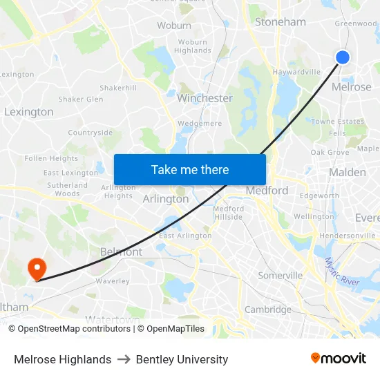 Melrose Highlands to Bentley University map