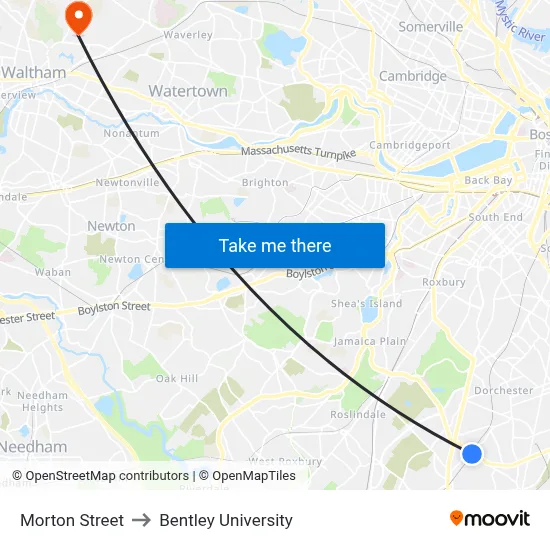Morton Street to Bentley University map