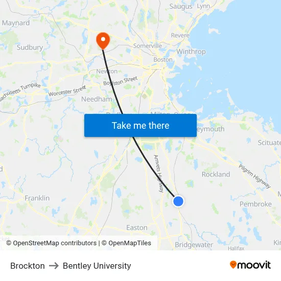 Brockton to Bentley University map