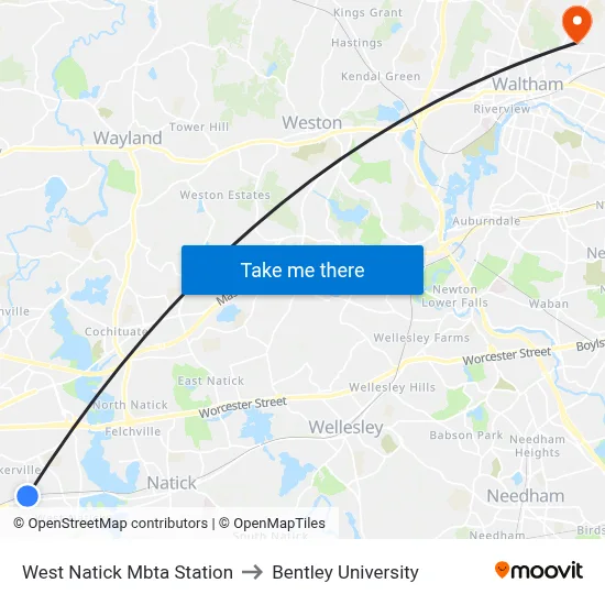 West Natick Mbta Station to Bentley University map