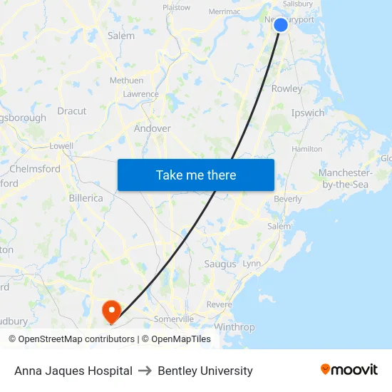 Anna Jaques Hospital to Bentley University map