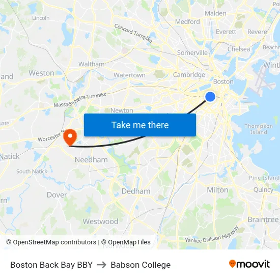 Boston Back Bay BBY to Babson College map