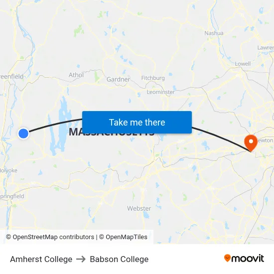 Amherst College to Babson College map