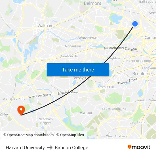 Harvard University to Babson College map