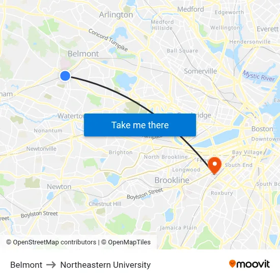 Belmont to Northeastern University map