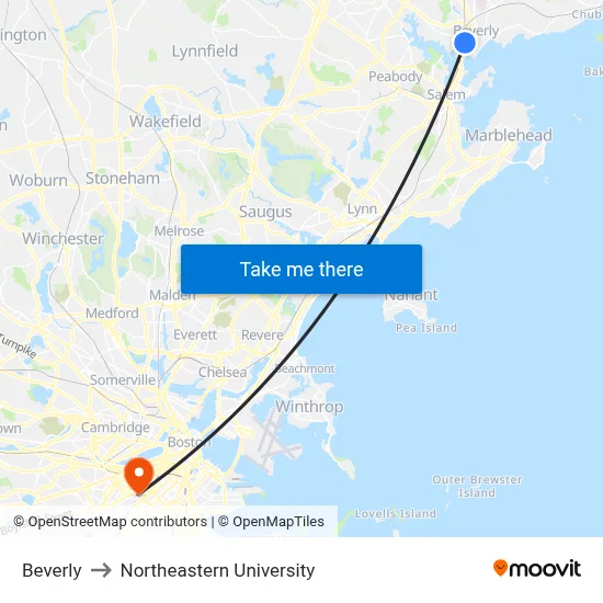 Beverly to Northeastern University map