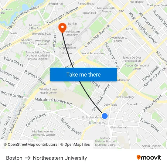 Boston to Northeastern University map