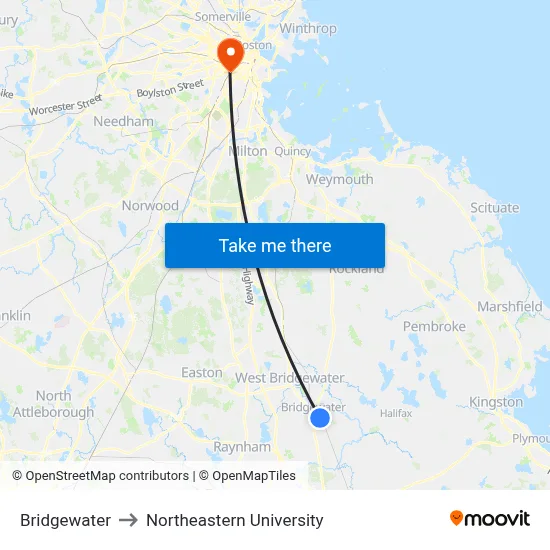 Bridgewater to Northeastern University map