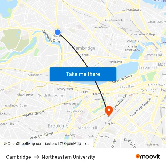 Cambridge to Northeastern University map