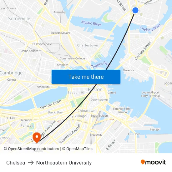 Chelsea to Northeastern University map