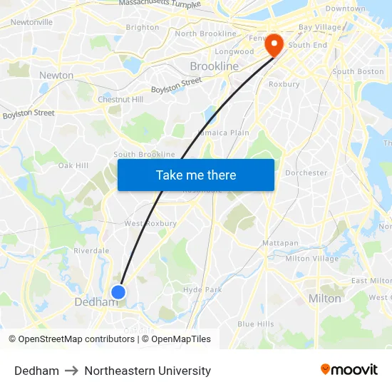 Dedham to Northeastern University map