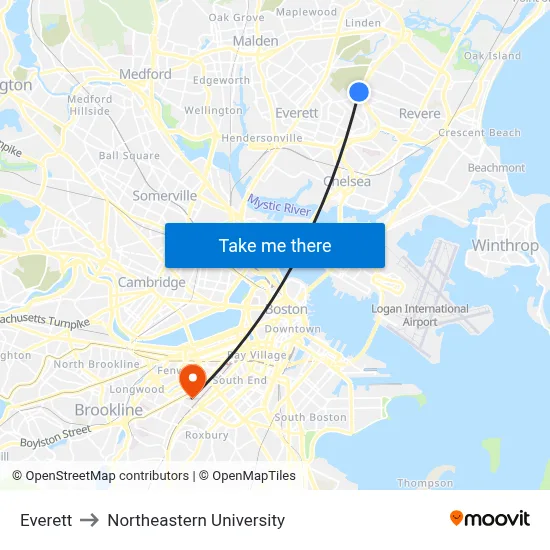 Everett to Northeastern University map